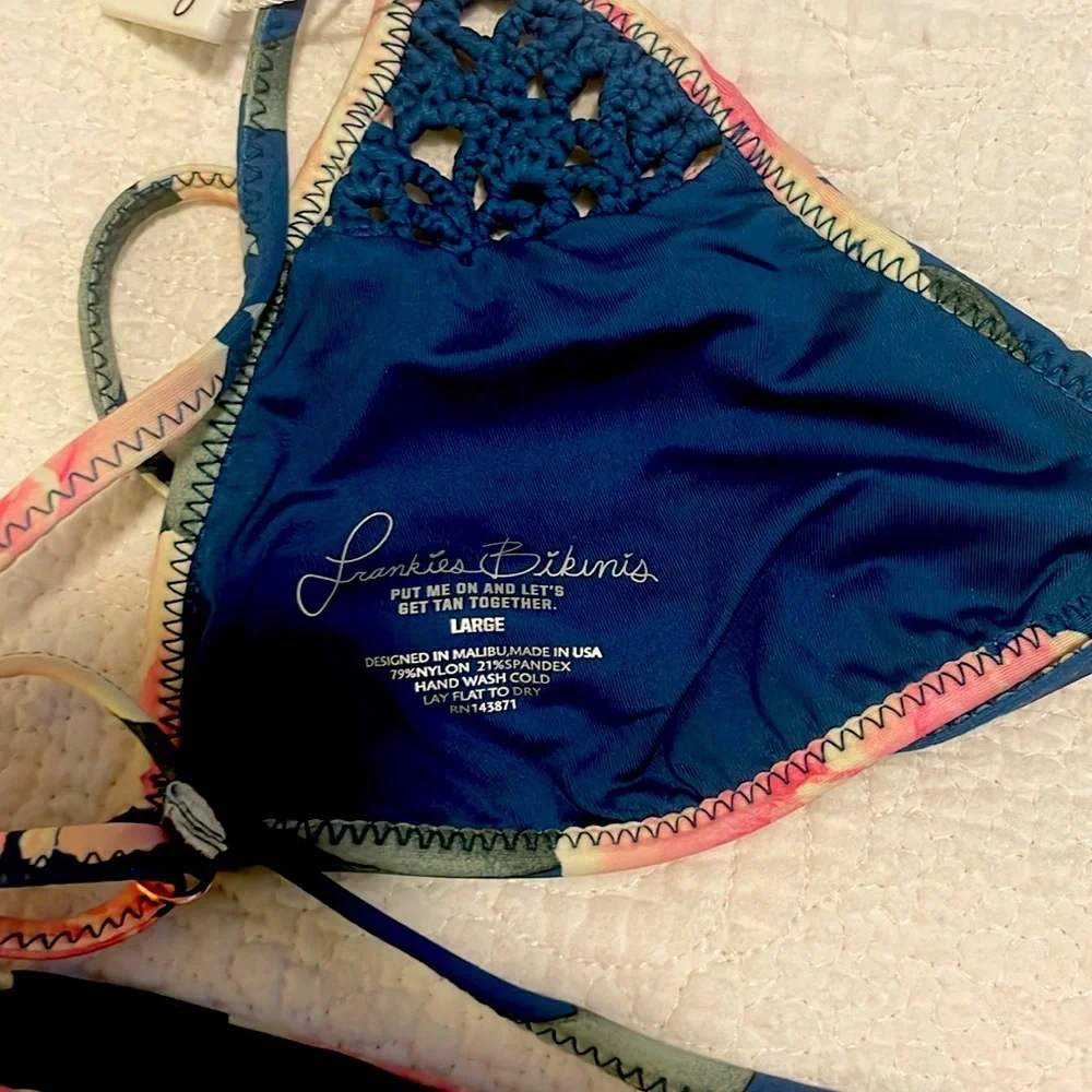 NWT Frankie’s Bikini Teal embroidery with pink roses L Top, M Bottom Set